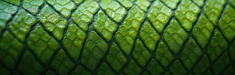Close up of vibrant green reptile skin with detailed scaly texture. Diamond shaped scales form natural, seamless pattern. Exotic animal surface creates unique fashion, biology, wild nature background