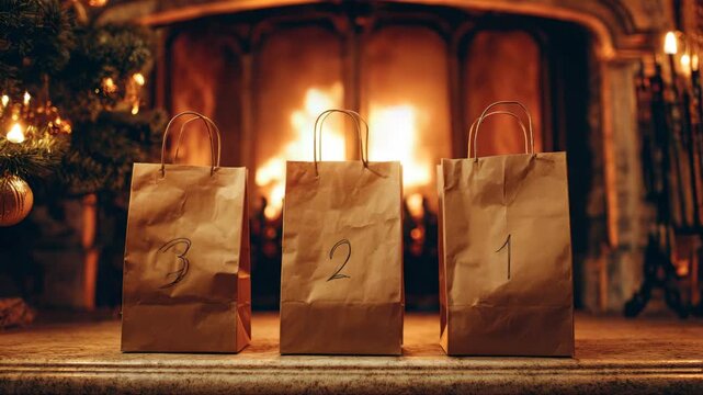 Three sequential frames showcase festive brown paper bags numbered 3, 2, and 1, positioned in front of a warm fireplace, creating a cozy holiday atmosphere with a gradual zoom in