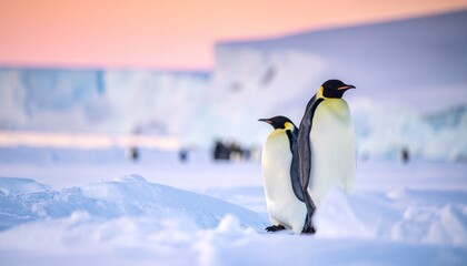 Fototapeta premium Majestic Emperor Penguin of Antarctica Marching on Ice Shelf at Twilight