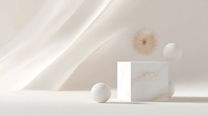 Happy New Year 2026, white podium for product presentation, futuristic background