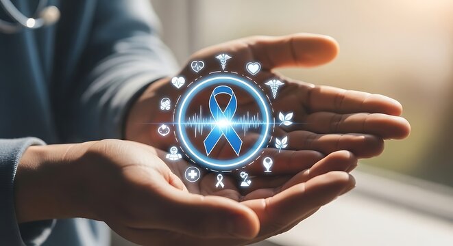 Doctor holding healthcare ribbon awareness support health medical cancer research symbol care hands -world diabetes day - Powered by Adobe
