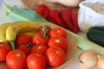 Collection of healthy fruits, vegetables and legumes on white background. Selective focus.