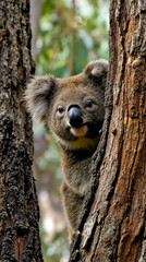 A koala peeking out from behind a tree trunk