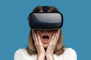 funny young woman with vr 3d technology virtual reality entertainment cyberspace and people concept happy young woman with virtual reality headset or 3d glasses vr technology