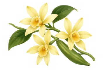 Vanilla orchid flowers with green leaves and pods, sweet spice ingredient for natural flavor illustration