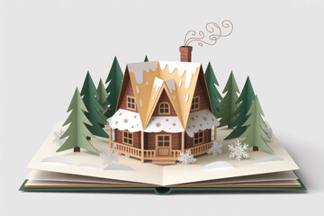 Cozy winter house pop-up book surrounded by snow-covered trees a charming illustration for holiday stories and seasonal designs