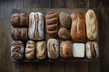 Assorted artisanal bread loaves arranged on wooden board for bakery display