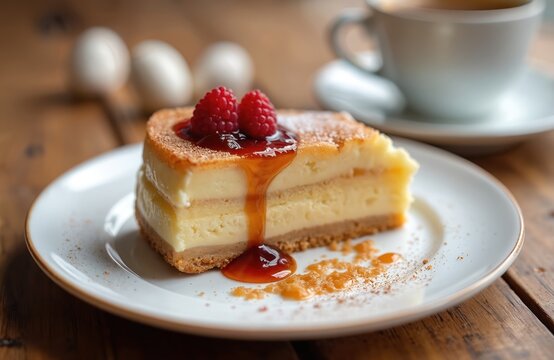 Close up of creamy trilece dessert slice with raspberry on top and caramel sauce drizzle. Served on white plate with coffee cup in background and eggs on wooden table.