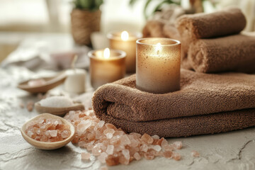 Relaxing spa setting with candles, towels, and Himalayan salt crystals for wellness