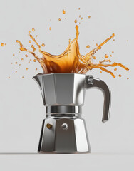 Coffee splash from a stainless steel moka pot on gray background