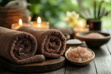 Spa setting with rolled towels, candles, and salt for relaxation and wellness