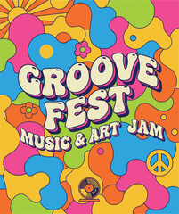 Groovy Fest Music and Art Jam Psychedelic Poster Design with Retro 70s Floral Sun Peace Sign Vinyl Record Aesthetic,