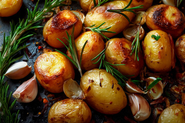 traditional golden roast potatoes with garlic and rosemary herbs