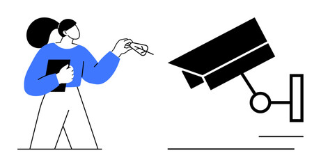 Person wearing blue holding documents inspects a large security camera. Ideal for security, technology, privacy, surveillance, monitoring, corporate protection, decision-making. Simple flat metaphor