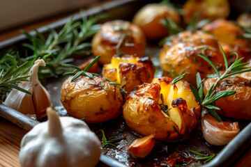 traditional golden roast potatoes with garlic and rosemary herbs
