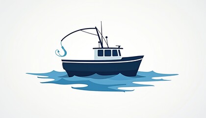 Naklejka premium Illustration of fishing boat at sea. Boat floats on water with a fishing hook. The sea waves are in the illustration. Concept of fishing industry and recreation.