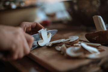 Slicing white mushroom. Preparation for drying