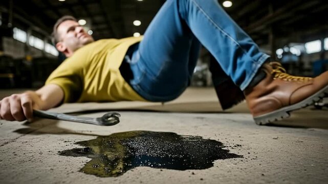A worker in a garage slips on a grease spill, losing his balance. He falls, dropping a wrench as his boot slides violently on the oil.