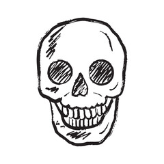 Skull design as a symbol of happy Halloween in black brush stroke texture isolated on white. Hand drawn vector sketch illustration in vintage charcoal ink. Skeleton, tattoo design, day of the dead.