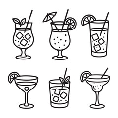 Tropical cocktails and refreshing beverage outline collection vector illustration