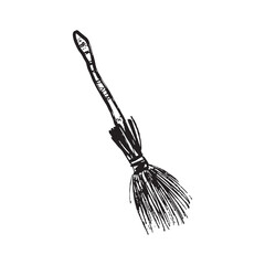 Witch broom magical equipment in black brush stroke texture isolated on white. Hand drawn vector sketch illustration in vintage charcoal ink. Happy Halloween, mystery accessory, witch craft.