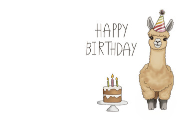 Transparent PNG of Cute Alpaca with Birthday Cake and Party Hat, Funny Llama Illustration for Stickers and Digital Design