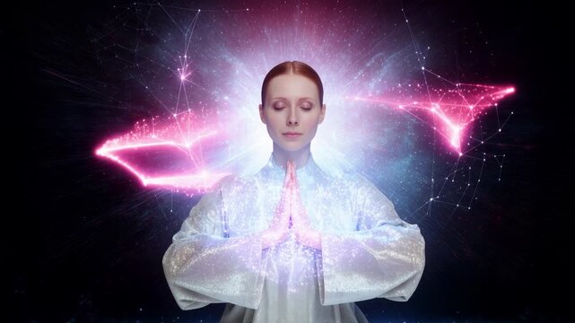 Woman with eyes closed meditating in the lotus position while surrounded by an abstract background of cosmic energy, glowing particles, and interconnected plexus networks representing mindfulness