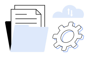 Naklejka na ściany i meble Open file folder with documents, gear symbolizing process, and cloud with arrows for data exchange. Ideal for technology, organization, backup, workflow, automation storage digital systems. Simple Naklejka na ściany i meble Open file folder with documents, gear symbolizing process, and cloud with arrows for data exchange. Ideal for technology, organization, backup, workflow, automation storage digital systems. Simple