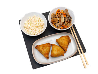 Asian meal with samosas, rice, mushrooms and bamboo isolated on transparent background, PNG