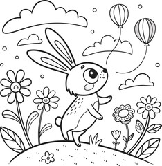 A cute cartoon rabbit with Easter eggs and spring flowers in a floral vector illustration design