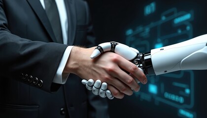 Businessman shakes hands with robot arm. Human meets artificial intelligence. Future partnership and business growth. Innovation connects people.