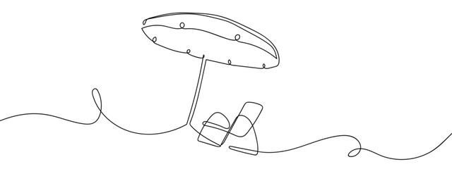 Beach umbrella and beach chair summer one continuous line minimalist style vector Single continuous line art style stroke can be edited.