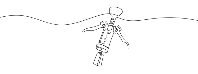 Wine bottle opener with cork, one continuous line, minimalist style, vector. Single continuous line art style stroke can be edited.