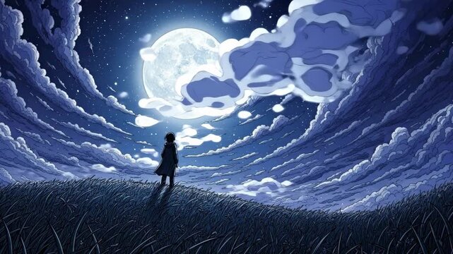 Dreamy night scene with figure gazing at the moon and clouds moving in mystical sky