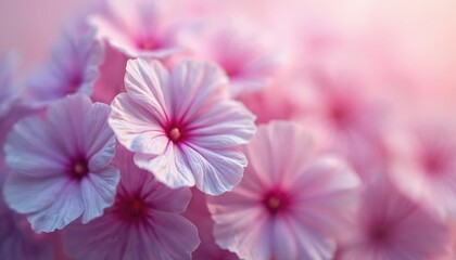 Fototapeta premium Delicate pink, purple flowers bloom with soft pastel background. Gentle light illuminates petals. Beautiful spring nature scene creates serene atmosphere. Perfect for greeting cards, celebrations,