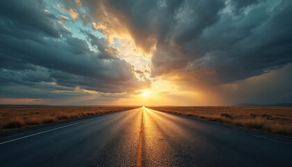 Long asphalt road stretches to bright sun setting on horizon. Wide open field with dry grass borders empty highway. Dramatic clouds gather above vast landscape.