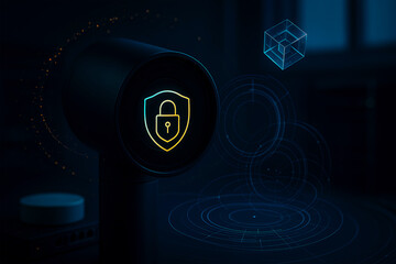 Glowing security shield icon in a futuristic tech environment