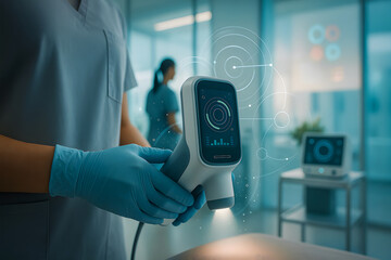 Nurse using a futuristic handheld medical scanner with HUD