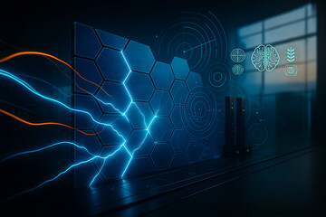 Futuristic firewall with hexagonal pattern blocking data streams