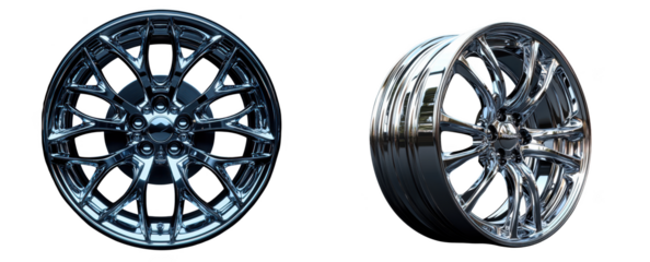 A pair of shiny chrome alloy car wheels, one facing forward and the other at an angle, isolated on transparent background