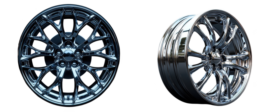 A pair of shiny chrome alloy car wheels, one facing forward and the other at an angle, isolated on transparent background