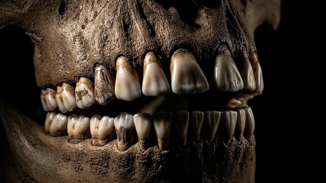 Close-up of a skull with damaged teeth conveys mortality, decay, and forensic science