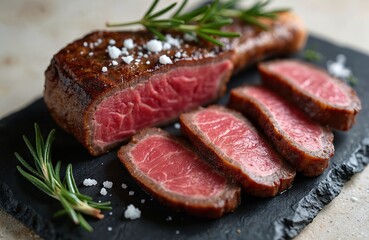Grilled aged ribeye steak cut into pieces presented on black slate board. Rosemary sprigs and salt flakes are used for decoration. Fresh cooked meat dish ready to be served.