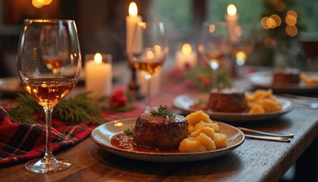 Scottish Burns Night dinner scene. Plates with traditional meal and glasses of whiskey set on a table. Candles provide soft illumination and add to festive atmosphere.