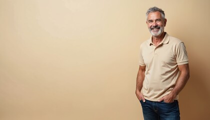 Smiling senior man with grey hair stands with hands in pockets. Mature man in beige polo shirt, jeans against light studio background. Confident, happy, relaxed pose. Casual style, lifestyle portrait.