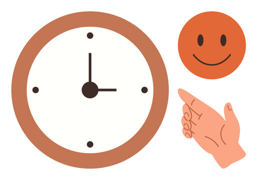 Clock representing time, smiling face symbolizing positivity, hand pointing for guidance. Ideal for productivity, goal setting, punctuality, motivation, planning workplace happiness. Simple flat
