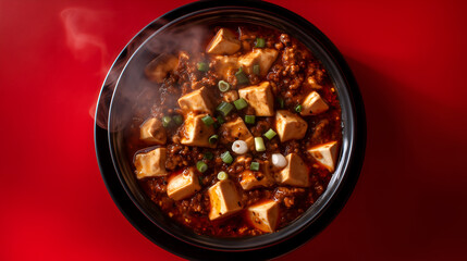 Tofu cubes and chili shimmer evoke clarity, ritual, and editorial depth in culinary storytelling. Sauce intensity and garnish rhythm highlight heat, texture, and visual boldness.
