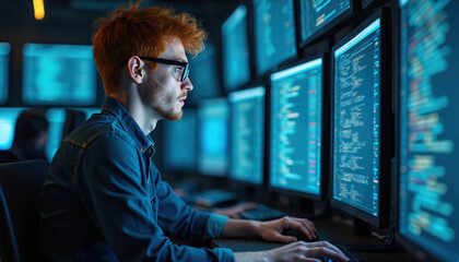 Young programmer in glasses writes code on computer in dark office. specialist works with data on multiple monitors. Software engineer develops new application. Monitors system security, debugs
