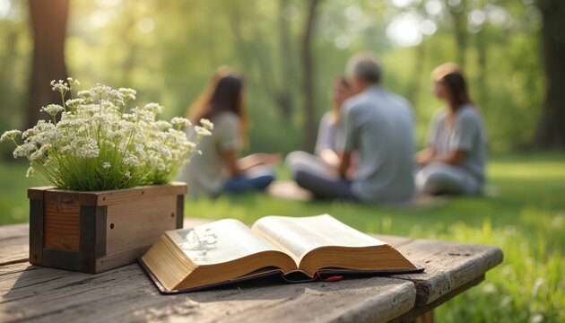 Open Holy Bible rests on old wooden table next to white flowers in planter. Blurred group of diverse people sit on green grass in park. Gather for outdoor spiritual study, discussion, prayer.
