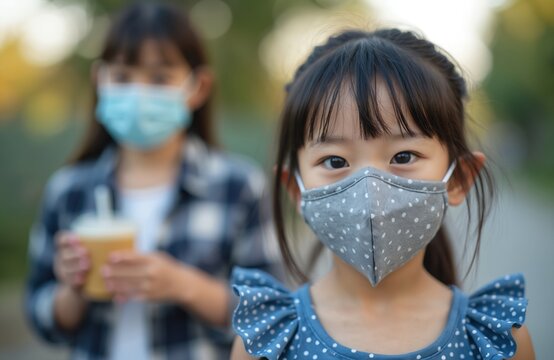 Little Asian girl wears polka dot fabric mask, looking at camera directly. Older child in blue medical mask holds drink. Kids stay safe outdoors following new normal. Childhood health protection - Powered by Adobe